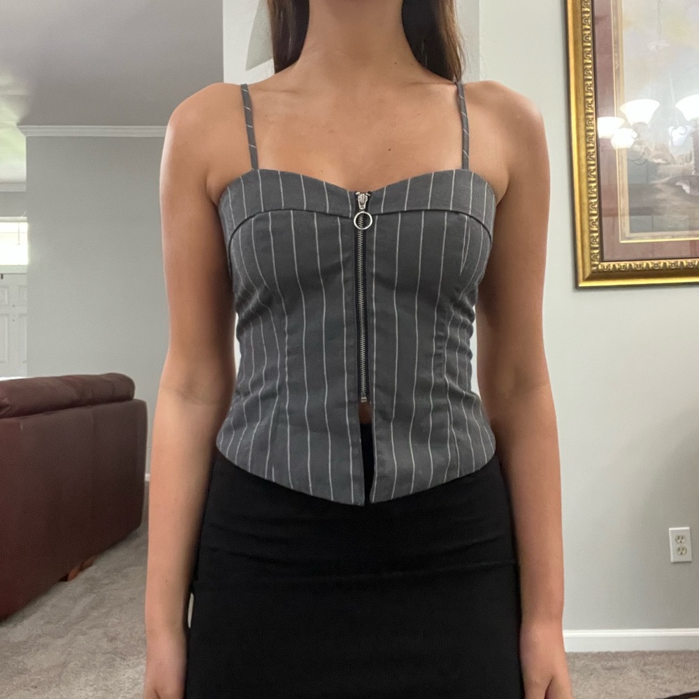 EUC Grey and White Striped Professional Pattern Front Zip Spaghetti Strap Top